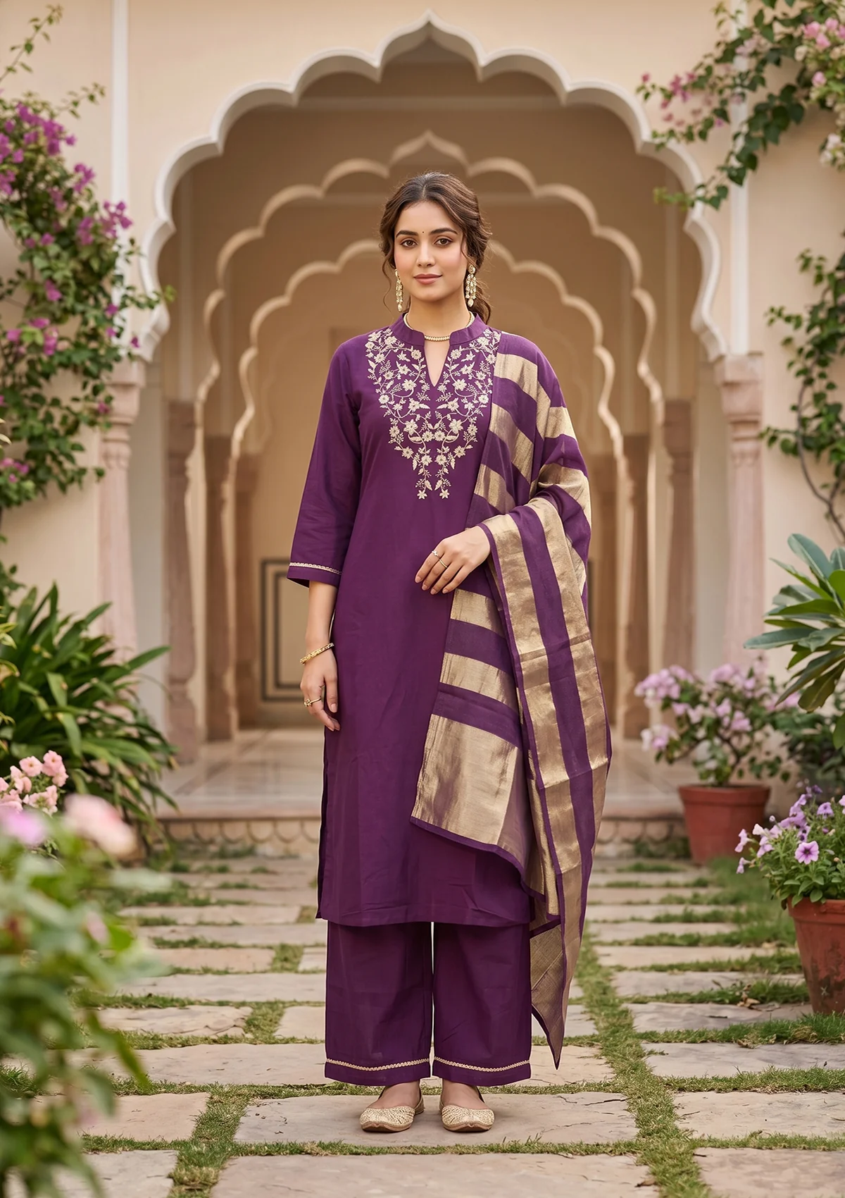 Purple Art Silk Cording Straight Kurta With Pant Regular And Dupatta